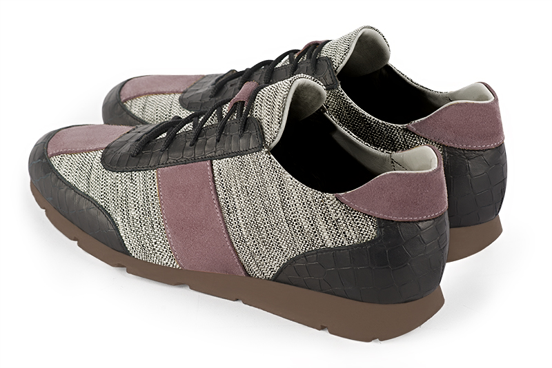 Satin black, ash grey and dusty rose pink three-tone dress sneakers for men. Round toe. Flat rubber soles. Rear view - Florence KOOIJMAN